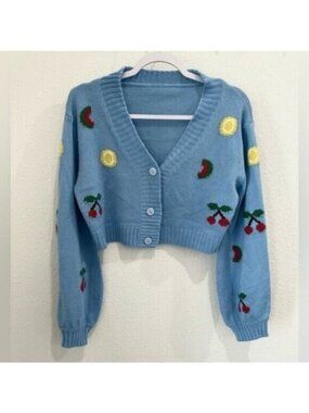 Vintage Fruit Embroidered Cardigan Boho Mod Kitschy Colorful Cropped